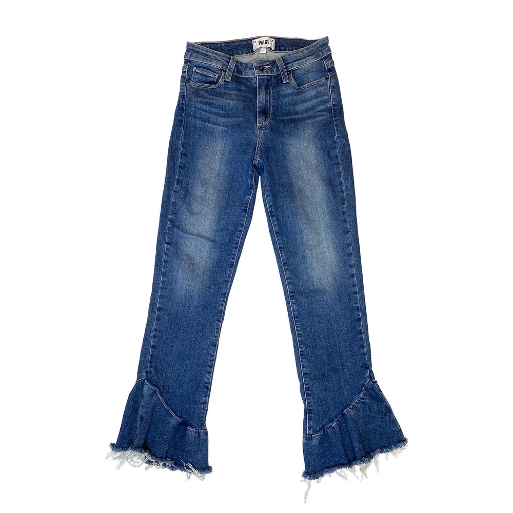 PAIGE Straight Leg Blue Jeans with Frayed Ruffle Bell Detailing